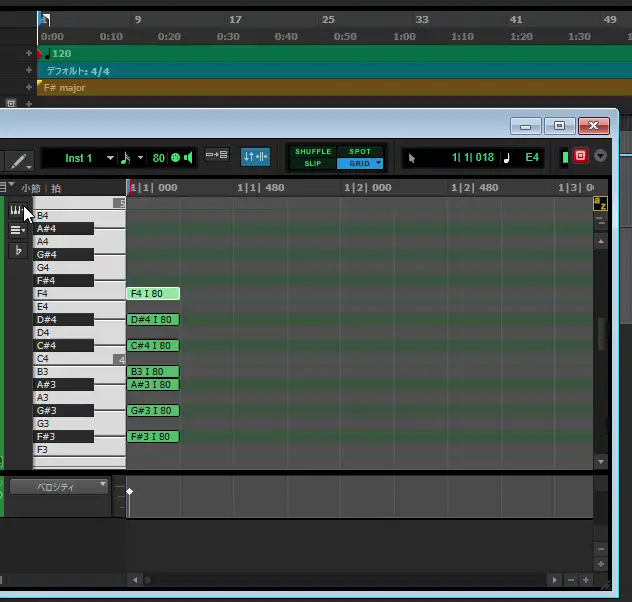 ProTools MIDIフォーカスビュー